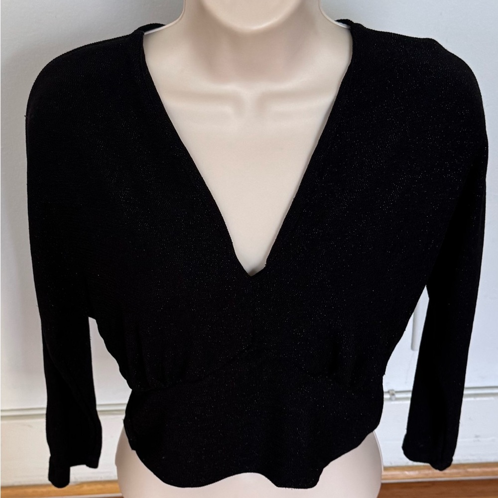 Mango Suit Black dolman sleeve V-Neck Cropped Sweater, size XS quiet luxury